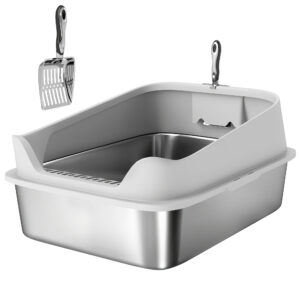 PawHut Katzentoilette Edelstahl Offene Katzenklo ohne Deckel Katzentoilette mit Schaufel hohem Rand XXL Cat Litter Box für große Katzen bis 12 kg 69,8 x 50,3 x 29,8 cm Grau Aosom