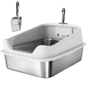 PawHut Katzentoilette Edelstahl Offene Katzenklo ohne Deckel Katzentoilette mit Schaufel hohem Rand XXL Cat Litter Box für große Katzen bis 7 kg, 60,2 x 40,2 x 29,7 cm, Grau Aosom