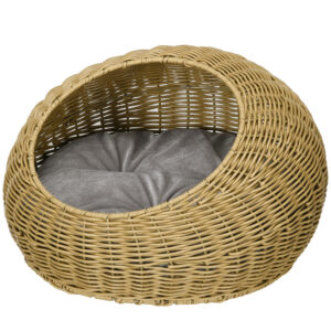 PawHut Rattan Katzenkorb Katzenhaus mit Kissen für Katzen bis 4 kg, Indoor Katzenhöhle aus PE-Rattan, Ø50 x 31 cm, hellbraun für gemütliche Rückzugsorte Aosom.de