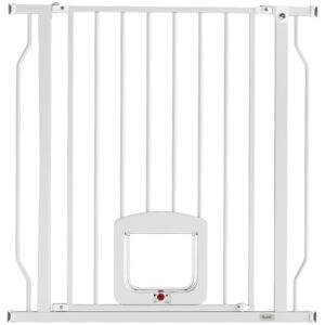PawHut Treppenschutzgitter Türschutzgitter mit Katzenklappe Absperrgitter ohne Bohren 75-85 cm Schutzgitter aus Stahl für Hunde, Haustiere Treppen, Tür, Weiß Aosom
