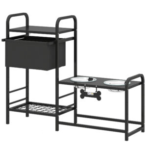 PawHut Erhöhter Hundenapf Höhenverstellbar Futternapf mit Stauraum Wassernapf 2 x 800ml Edelstahlnäpfen 2-stufige Ablage Fressnapf Futterstation für kleine, mittelgroße Hunde Schwarz Aosom