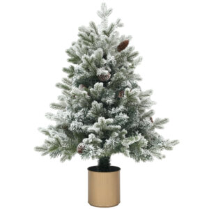 HOMCOM Künstlicher Weihnachtsbaum, 100 cm Christbaum mit 130 Spitzen, Kunstschnee, Blumentöpfe, flammenhemmend, für Weihnachten Deko, Grün+Gold Aosom