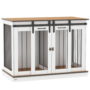 PawHut Hundekäfig, Haustierkäfig, Hundehütte mit Zweiraum-Option für Mittelegroße Hunde, Hundebox mit Doppeltüren, Hundehaus, Weiß, 120 x 60 x 88,5 cm Aosom