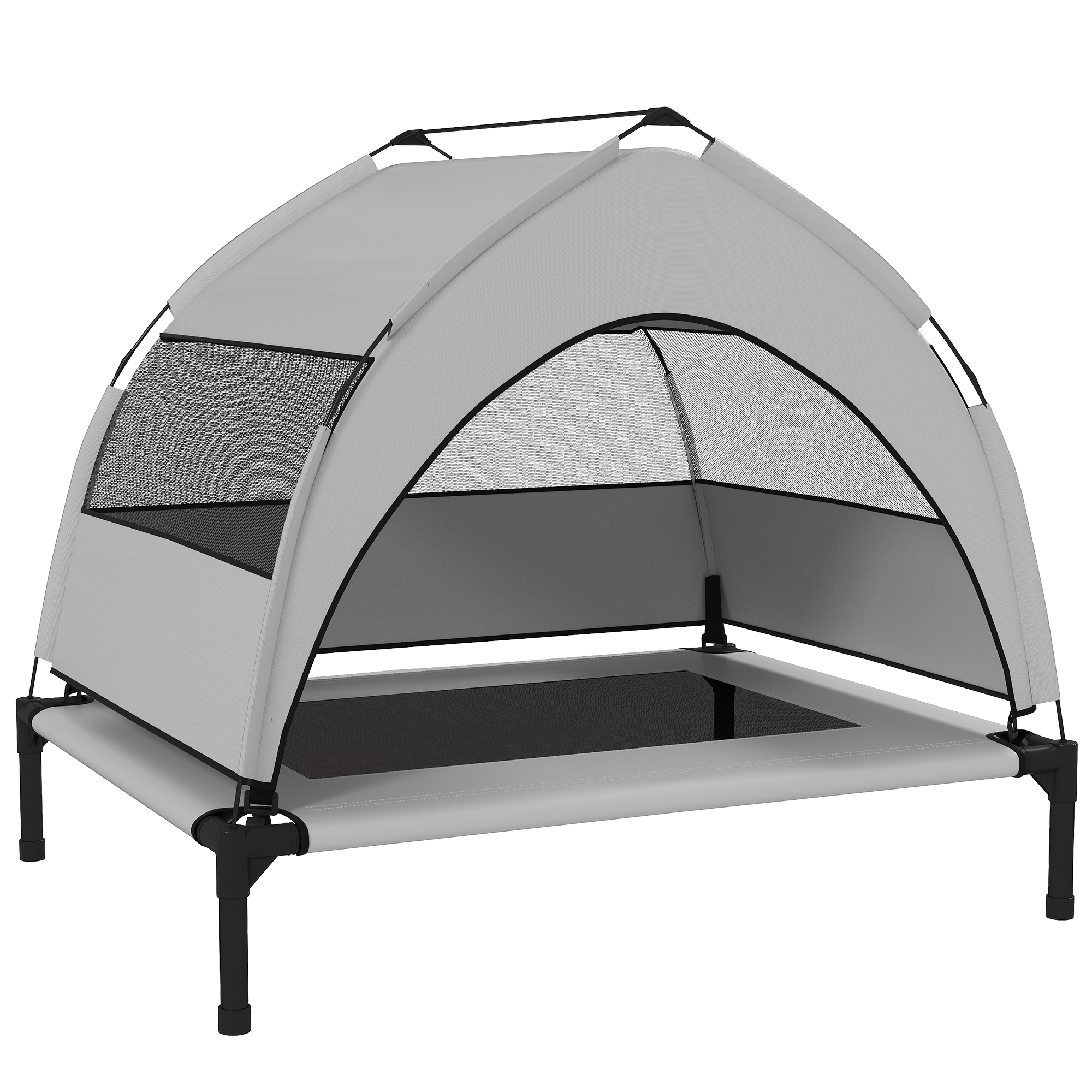 PawHut Hundeliege Outdoor mit Dach, Erhöhtes Hundebett für mittelgroße Hunde, Kühlendes Haustierliege mit Stahlrahmen, Aufbewahrungstasche, Haustierbett für Draußen Camping, 76x61x60cm, Hellgrau Aosom