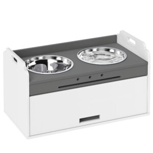 PawHut Hundenapf erhöht Futternapf mit Aufbewahrungsschrank, 2 Schüsseln mit Anti-Rutsch-Ringe, Rutschfest Futterstation mit Langsamfutternapf für große Hunde, Weiß Aosom