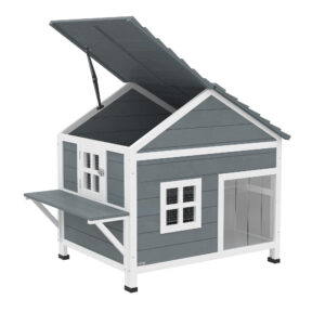 PawHut Katzenhaus aus Holz 2-Etagen Katzenhöhle für Draußen, Katzenhütte mit wasserdicht aufklappbar Dach, erhöhter Basis, seitlicher Plattform, Fenster, für 1-2 Katzen bis 5 kg, 101x72,5x81cm, Grau Aosom