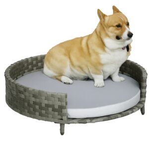 PawHut Hundebett Komfortables Hundekorb & Katzenbett mit Kissen, Rattan, für mittelgroße/kleine Hunde, Grau, 75x75x20cm Aosom