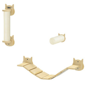 PawHut Katzen Kletterwand Set, 3-teilig Katzenmöbel mit Kratzbaum, Trittplatte, Leiter, Wandkratzbaum für Katzen bis 5 kg, aus Kiefernholz, Naturholz Aosom