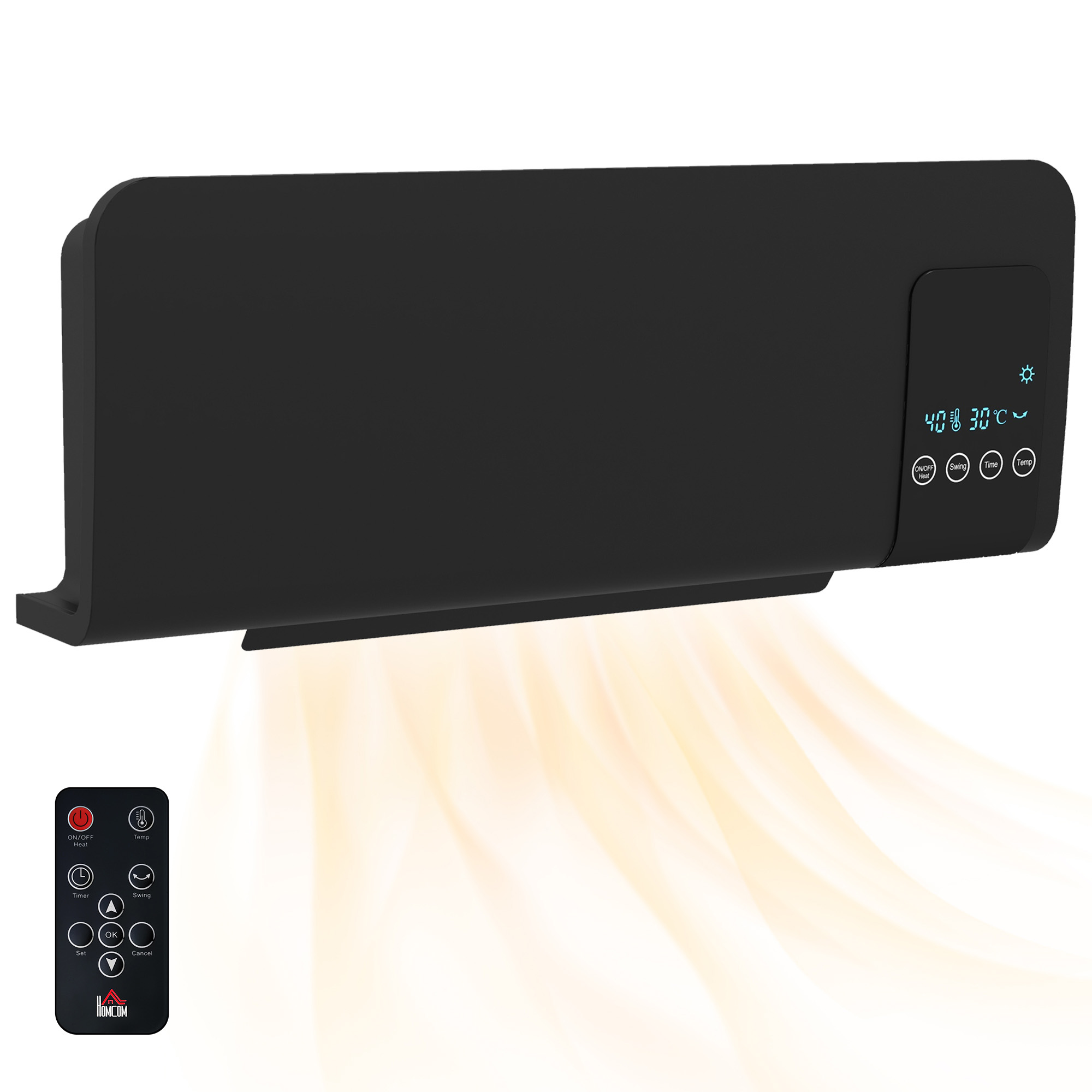 HOMCOM Wandheizlüfter Heizlüfter Keramik PTC - 1000 W / 2000 W Schwenkfunktion Timer mit Fernbedienung Schwarz Aosom