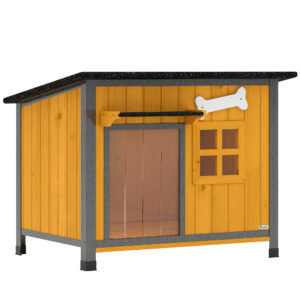 PawHut Außenhütte für Hunde aus Holz und Stahl, bissfest, erhöhtes Hundehäuschen mit aufklappbarem Satteldach und wasserdichtem Schutz, herausnehmbarer Boden, Türvorhang, Vordach, 84.5x62x65 cm Aosom