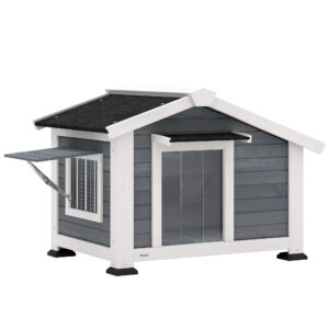 PawHut Hundehütte wetterfestes Hundehaus aus Holz mit herausnehmbarem Boden Asphaltdach öffnendem Fenster Türvorhang 98 x 76 x 69,5 cm Outdoor Hütte für mittelgroße Hunde bis 20 kg Indoor Outdoor Grau Aosom
