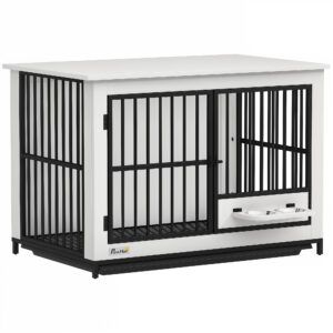 PawHut Hundekäfig Hundebox für Zuhause mit 2 Türen, Abschließbare Hundehütte Indoor mit drehbaren Näpfen, herausnehmbarer Schale für kleine/mittlere/große Hunde Weiß 95 x 60 x 68,5 cm Aosom