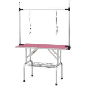 PawHut Klappbarer Hundepflegetisch mit Metall-Gitterkorb, rutschfeste Arbeitsfläche, verstellbare Edelstahlstange, für Hunde, Katzen, 107x60x164 cm, Rosa Aosom