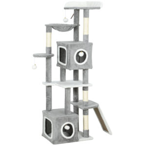 PawHut Kratzbaum 165 cm hoch, mehrstufiger Katzenbaum mit 4 Sisal-Kratzpfosten, 2 Höhlen, Liege, Hängematte, 4 Pompons, Plattformen, Rampe, Katzen-Turm, Plüsch, Grau Aosom