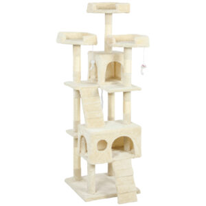 PawHut Kratzbaum für Katzen, Katzenbaum 153 cm, Kletterturm mit 2 Höhlen, 3 Betten, 2 Rampen, Sisalstämmen, 2 hängenden Mäusen, Creme Aosom