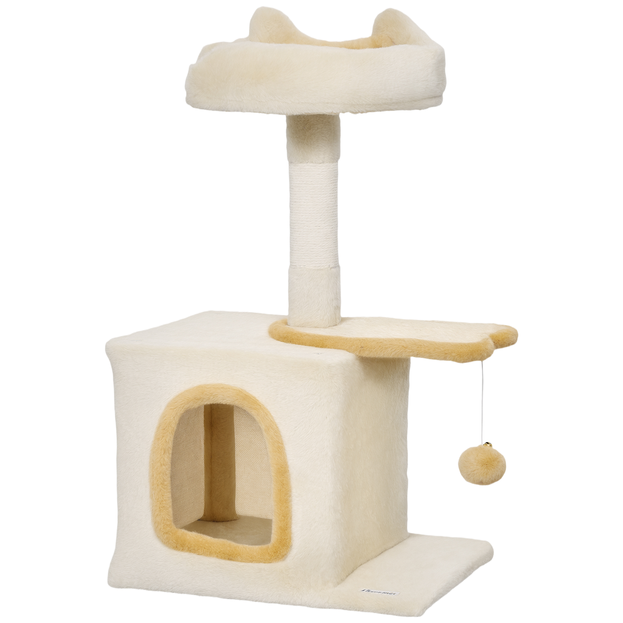 PawHut Kratzbaum für Katzen mit Liegefläche und Höhle, Katzenturm aus Spanplatte, Plüsch, PP-Baumwolle und Sisal, 40x30x72 cm, Beige und Gelb Aosom
