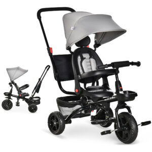 HOMCOM Dreirad Kinderdreirad mit Schubstange drehbarem Sitz Sicherheitsgurt Dach Metall Polyester grau 1115 x 520 x 980 cm für Kinder Aosom.de