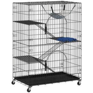 PawHut Großer 4-stufiger Katzenkäfig mit Rollen, Innen- und Außengehege aus Metall, herausziehbares Tablett, Hängematte, Bett, Rampen, Plattformen, für 1-2 Katzen, Eichhörnchen, Chinchillas, Schwarz Aosom