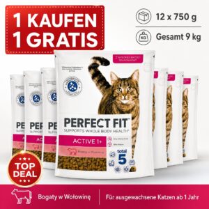 1 Pack Kaufen 1 Pack Gratis: 6 x 750 g Perfect Fit Active 1+ - Trockenfutter für Erwachsene, aktive Katzen ab 1 Jahr - Reich an Rind - Unterstützt die Vitalität (du erhältst 12 x 750g) MHD 11/2026