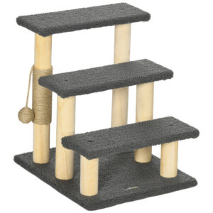 PawHut 3 Stufen Katzentreppe 48H cm Haustiertreppe mit Teddystoff für kleine Katzen grau, ideal für Senioren & kleine Rassen Aosom.de