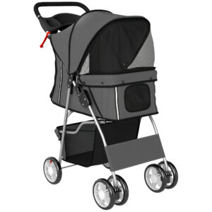 PawHut Hundewagen Hundebuggy Faltbar Katzenwagen bis 10kg mit Reflektorstreifen Aufbewahrungskorb waschbar Kissen Netzfenster Getränkehaltern 360° drehbare Räder mit Bremse für kleine Hunde Dunkelgrau Aosom