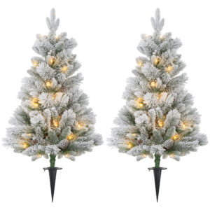 HOMCOM 107 cm 2er-Set Künstlicher Weihnachtsbaum, Christbaum mit 100 LED-Lichten 151 Astspitzen flammhemmend, für Weihnachtsfest, Outdoor, Grün+Weiß Aosom