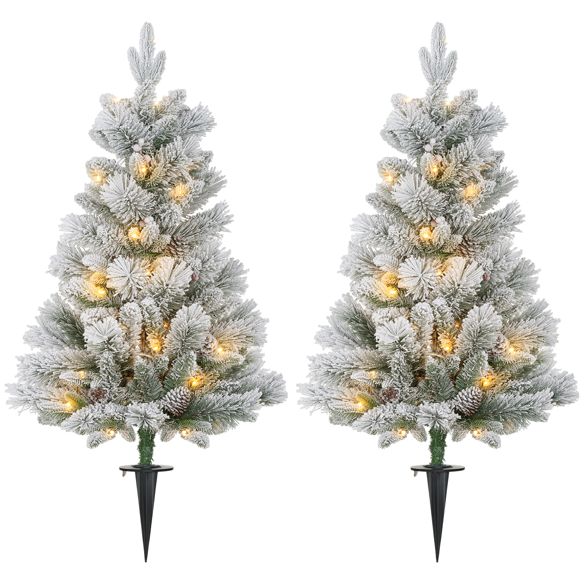 HOMCOM 107 cm 2er-Set Künstlicher Weihnachtsbaum, Christbaum mit 100 LED-Lichten 151 Astspitzen flammhemmend, für Weihnachtsfest, Outdoor, Grün+Weiß Aosom