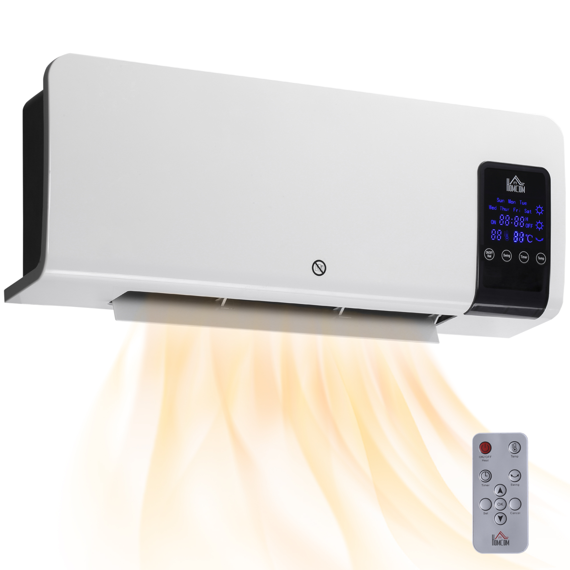 HOMCOM Heizlüfter zur Wandmontage 2000W Keramik-Wandheizung mit Fernbedienung, 3 Betriebsmodi, LED-Display, Wandheizgerät mit 12h Timer, Schnellheizer für Wohnzimmer, Schlafzimmer, Badezimmer Büro Aosom