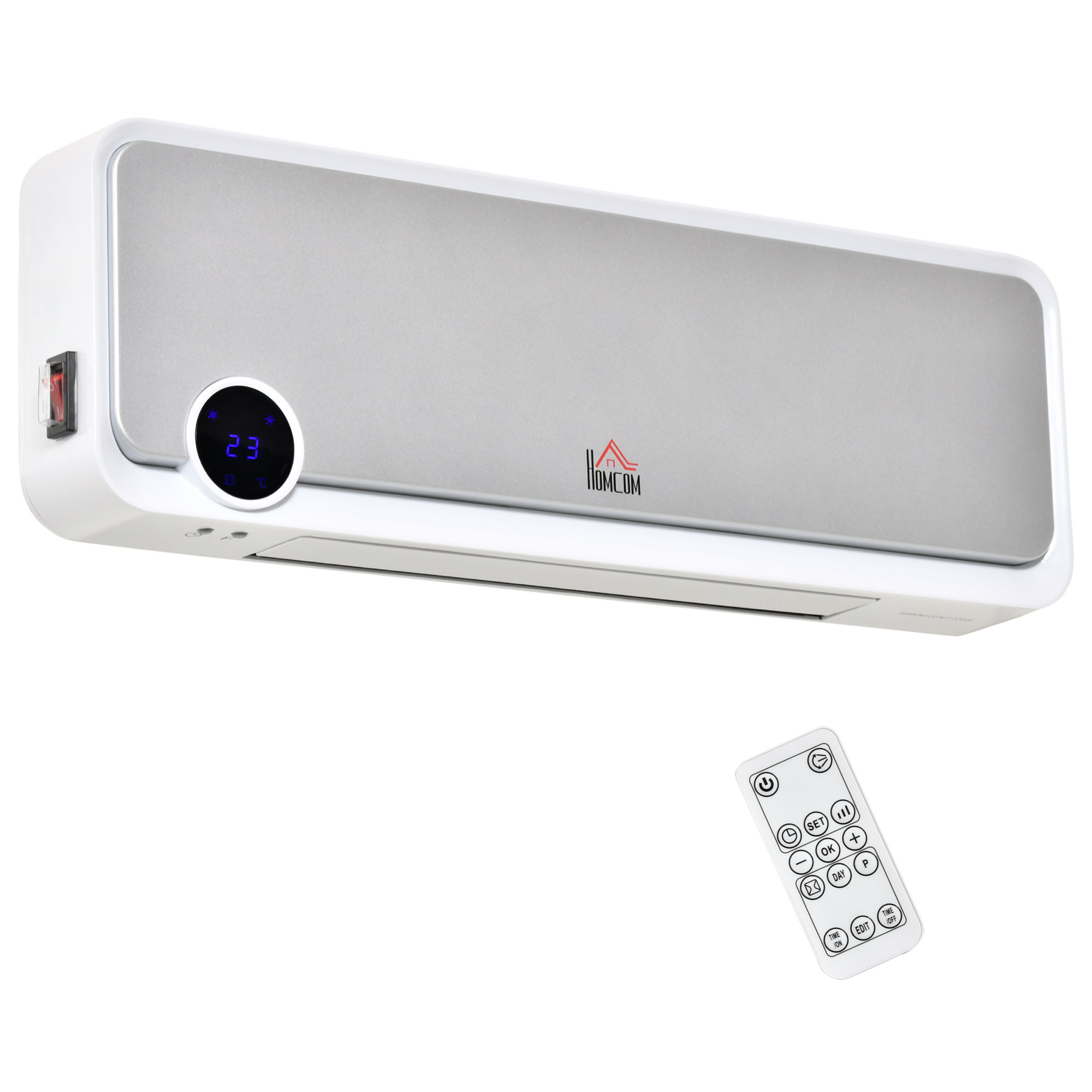 HOMCOM Heizlüfter zur Wandmontage 2000W Keramik-Wandheizung mit Fernbedienung, 3 Betriebsmodi, LED-Display, Wandheizgerät mit 12h Timer, Schnellheizer für Wohnzimmer, Schlafzimmer, Badezimmer Büro Aosom