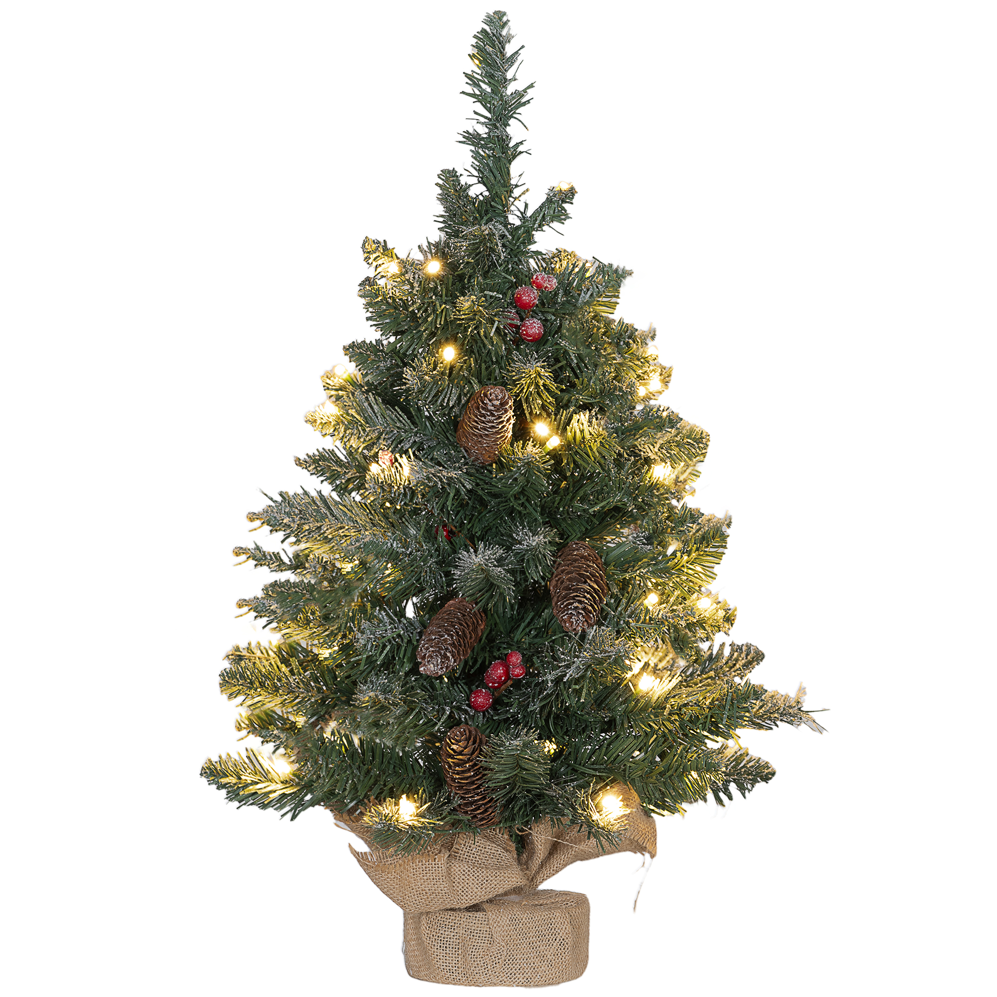 HOMCOM Künstlicher Weihnachtsbaum, 0,6 m Christbaum mit Tannenzapfen 86 Astspitzen mit 50 warmweißen LED, für Weihnachtsfest, Indoor, Grün+Weiß Aosom