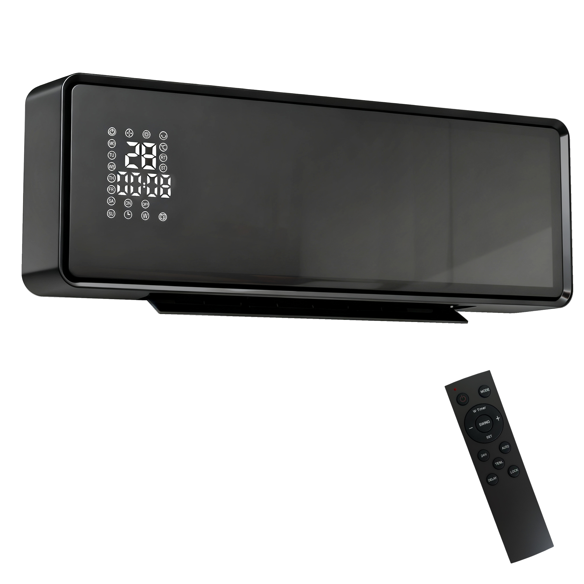HOMCOM Wand Heizlüfter 2000W Wandheizgerät mit 2 Leistungsstufen, 3 Betriebsarten, LED-Display, Thermostat, Timer Wandheizung mit Fernbedienung, Oszillation, Fenster-Erkennung und Glasfront, Schwarz Aosom