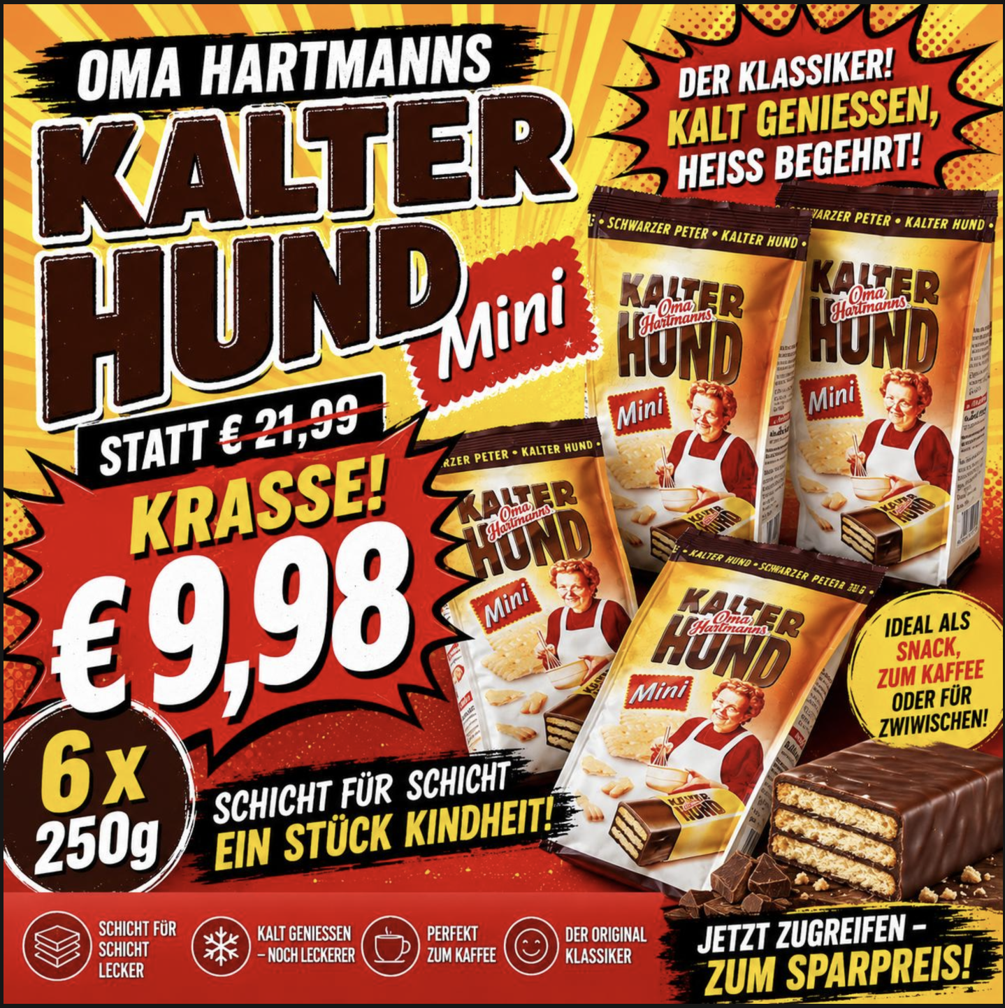 Oma Hartmann's Kalter Hund Mini - 6 x 250g Vorteilspack - MHD Chargen 04-08.2026