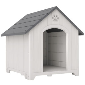 PawHut Außen-Hundehütte, wasserfeste Kunststoff-Hundehütte für große Hunde mit 2 Fenstern, erhöhter Sockel, Erdnägel, einfache Montage, 88x79x89 cm, Grau Aosom
