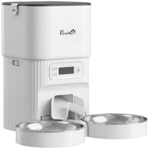 PawHut Futterautomat Katze, 4L Katzenfutter Automat mit 2 Edelstahlnäpfen, 1-6 Mahlzeiten pro Tag, Anti-Verstopfungs-Design, LCD Anzeige Futterspender für Katze und Hund Aosom