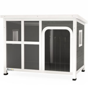 PawHut Hundehütte für kleine und mittelgroße Hunde mit Seitenfenstern und Eingangsvorhang, Hundehütte für den Außenbereich mit herausnehmbarer Basis und abnehmbarem Dach, 90x62x71 cm, Hellgrau Aosom
