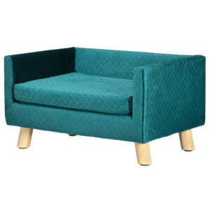 PawHut Hundesofa Hundebett Hundecouch aus Samt mit Rückenlehne, Holzbeine, Kissen, Katzensofa mit weicher Polsterung, für kleine Hunde bis zu 8 kg 64 x 45 x 36 cm Blau Aosom