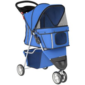 PawHut Hundewagen Hundebuggy Faltbar klappbar Katzenwagen bis 10kg mit Aufbewahrungskorb, Kissen, Netzfenstern, Getränkehalter, Tür, Haustierbuggy für kleine Hunde, Blau Aosom