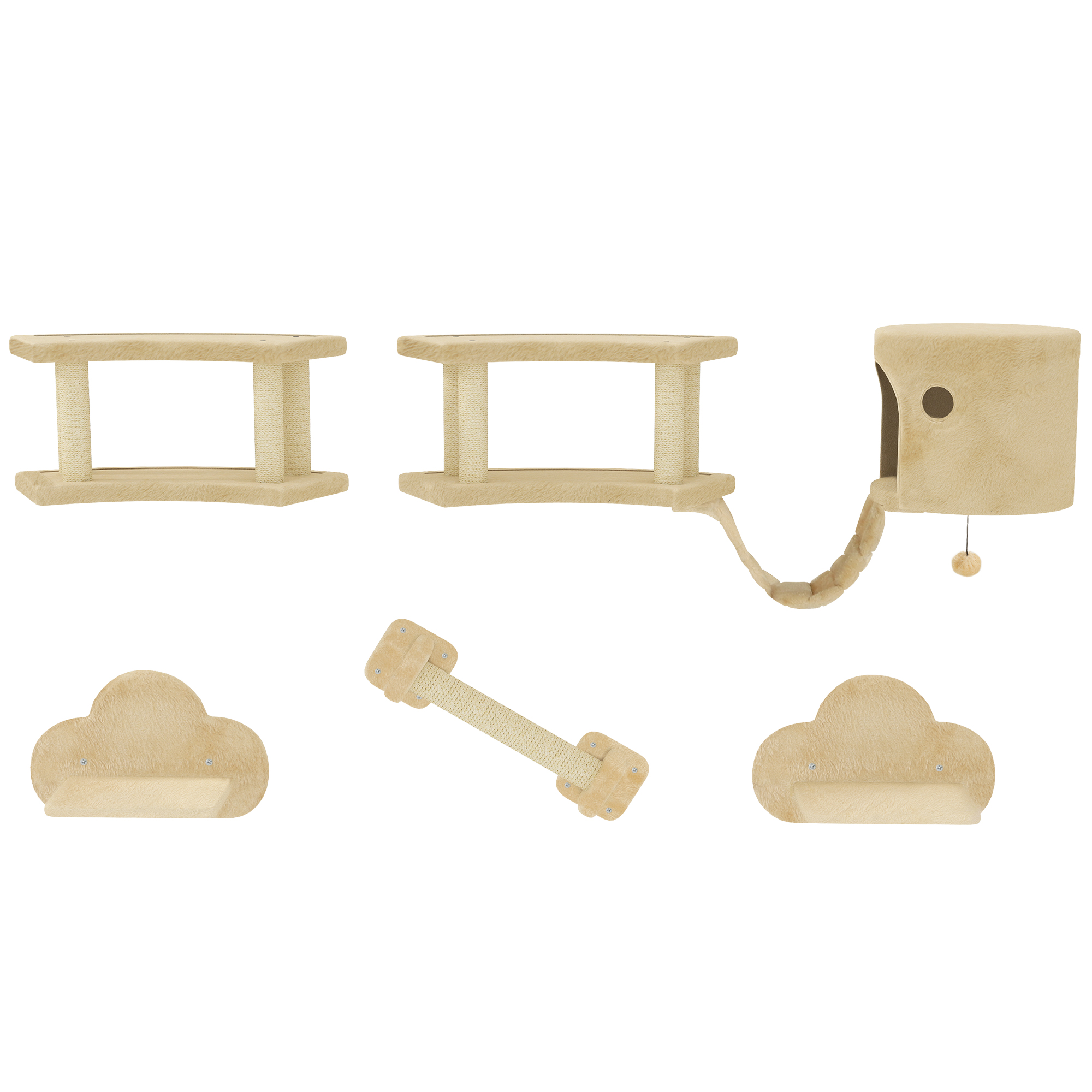 PawHut Katzen Kletterwand Set, 5-teilig Katzenmöbel mit Kratzstamm, Sprungplattformen, Leiter, Haus, Katzen-Wandgerüst, für Katzen bis 5 kg, Plüsch, Beige Aosom