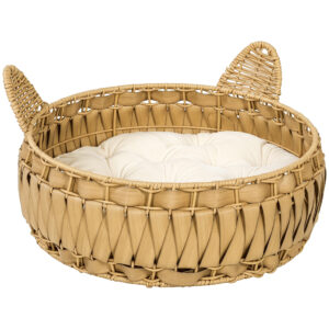 PawHut Katzenbett Rattan Katzenhöhle mit abnehmbares Kissen, Katzenkorb Katzenhaus für Katzen bis 10 kg, 50 x 50 x 25 cm, Hellbraun Aosom