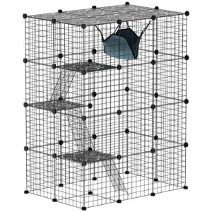 PawHut Katzenkäfig, Katzenpark aus Stahl, 4 Ebenen, DIY, mit 5 Türen, Hängematte, Plattformen, Rampen, für 1-3 Katzen, 105 x 70 x 140 cm, schwarz Aosom