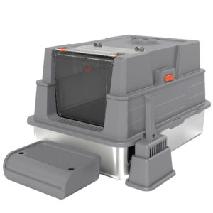 PawHut Katzenklo XXL Edelstahl Katzentoilette 130L mit 180° Klappdeckel Hohen Seitenwänden Schaufel Trittstufe Cat Litter Box für 3 Katzen mit jeweils bis 10 kg 70 x 50 x 43 cm Grau Aosom