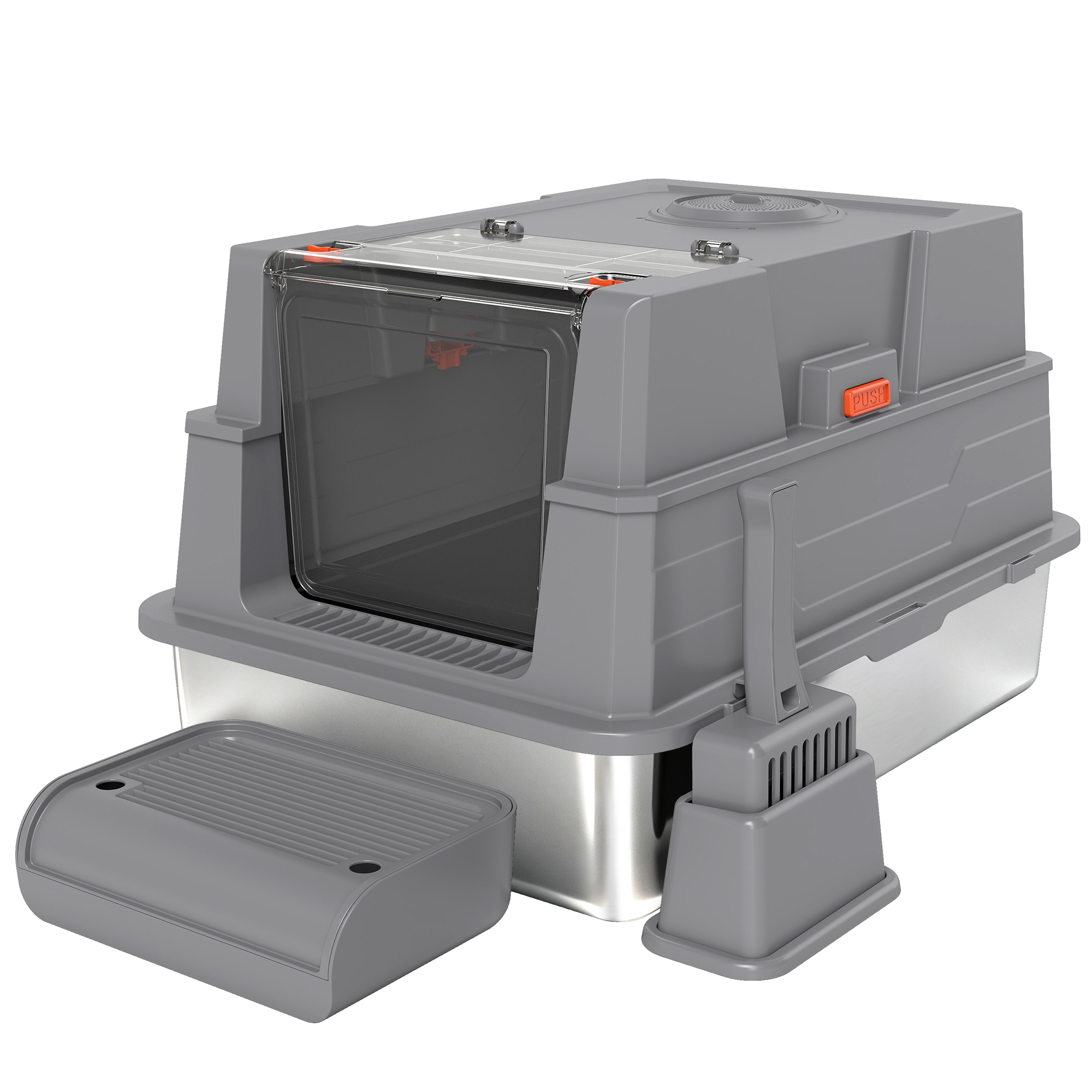 PawHut Katzenklo XXL Edelstahl Katzentoilette 130L mit 180° Klappdeckel Hohen Seitenwänden Schaufel Trittstufe Cat Litter Box für 3 Katzen mit jeweils bis 10 kg 70 x 50 x 43 cm Grau Aosom