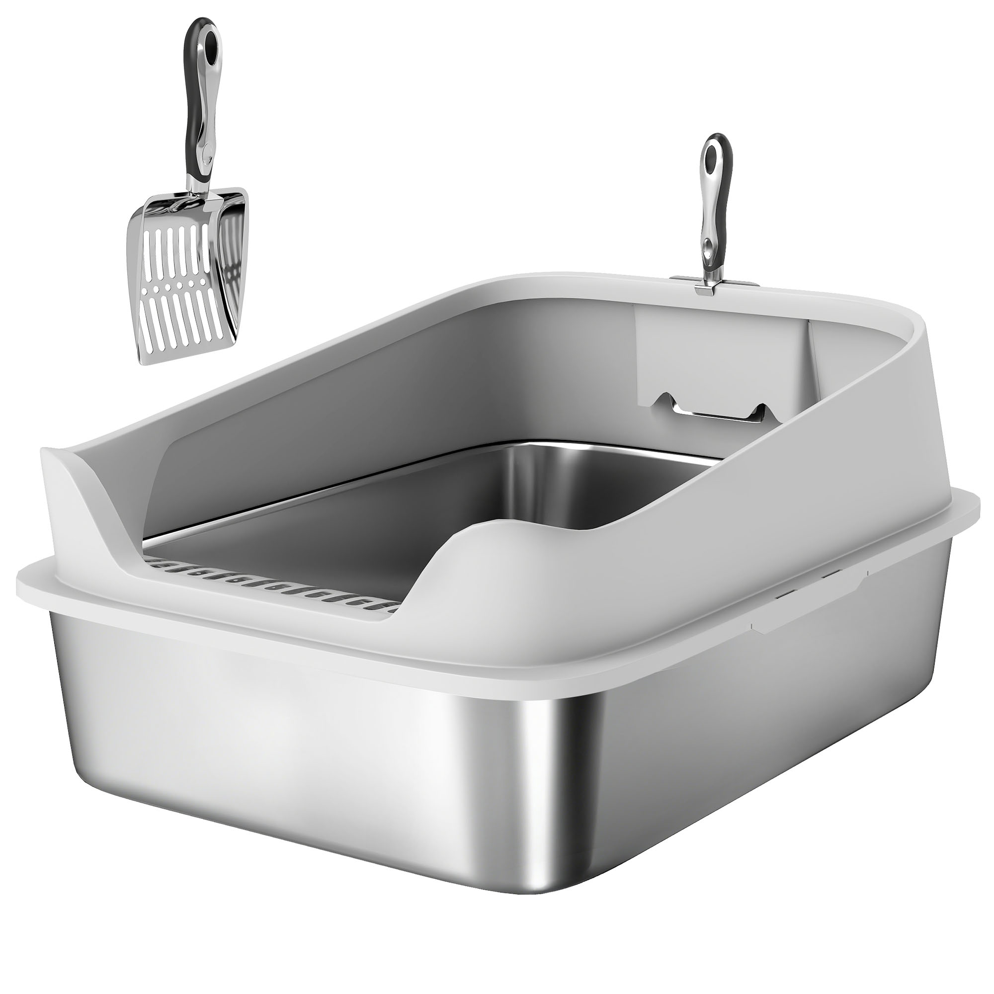 PawHut Katzentoilette Edelstahl Offene Katzenklo ohne Deckel Katzentoilette mit Schaufel hohem Rand XXL Cat Litter Box für große Katzen bis 12 kg 69,8 x 50,3 x 29,8 cm Grau Aosom