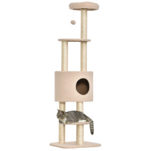 PawHut Kratzbaum 148 cm hoch Katzenbaum mit Höhle, 4 Spielzeuge, Sisalstämme, große Plattform, mehrstöckiger Katzenkratzbaum, Kletterbaum, Plüsch, für Katzen unter 5 kg, Beige Aosom