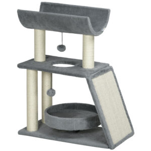 PawHut Kratzbaum 76 cm Katzenturm mit 2 Spielball, Sisalstämme, Bett, Kratzbrett, mehrstöckiger Katzenkratzbaum, Kletterbaum, für mittelgroße Katzen, Hellgrau Aosom