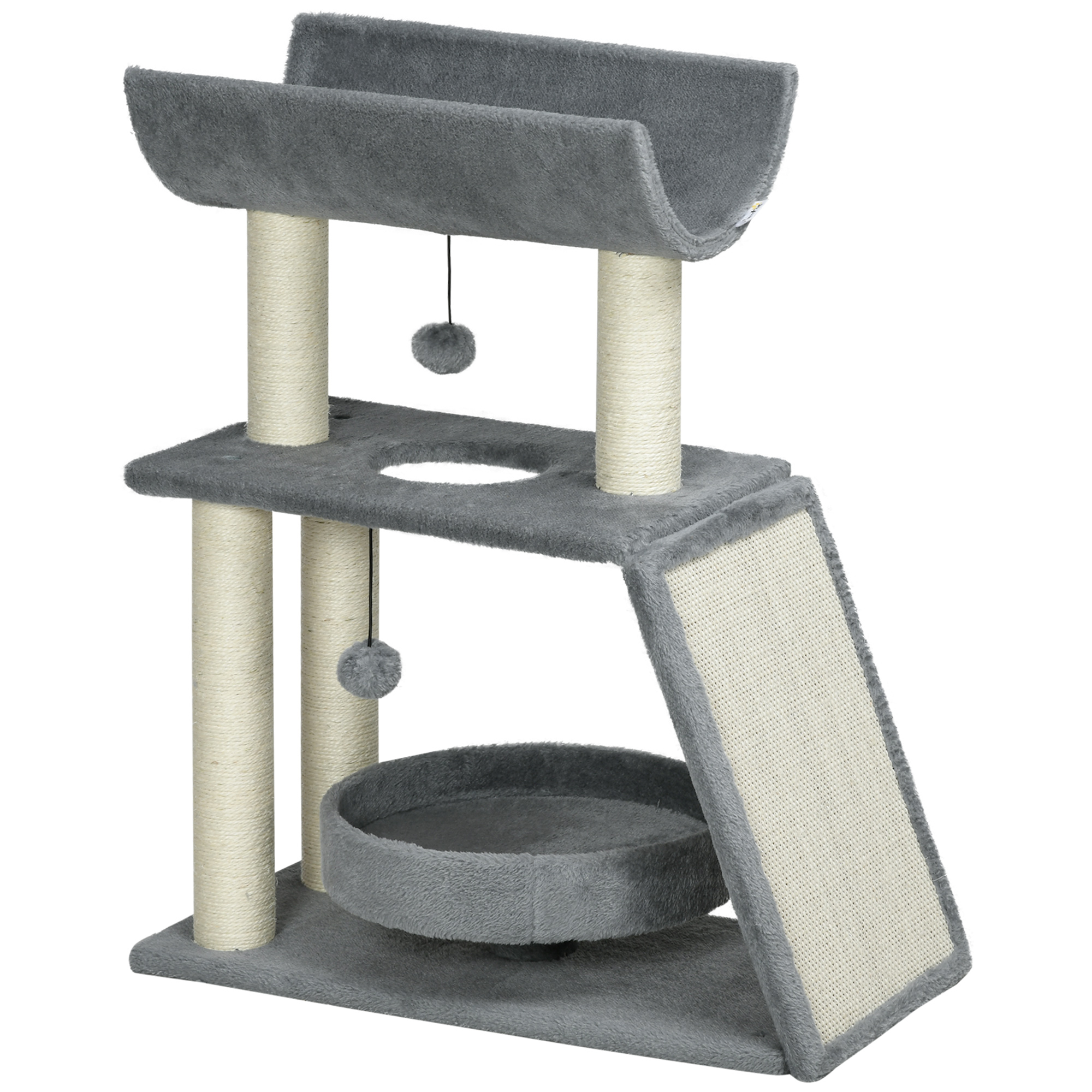 PawHut Kratzbaum 76 cm Katzenturm mit 2 Spielball, Sisalstämme, Bett, Kratzbrett, mehrstöckiger Katzenkratzbaum, Kletterbaum, für mittelgroße Katzen, Hellgrau Aosom