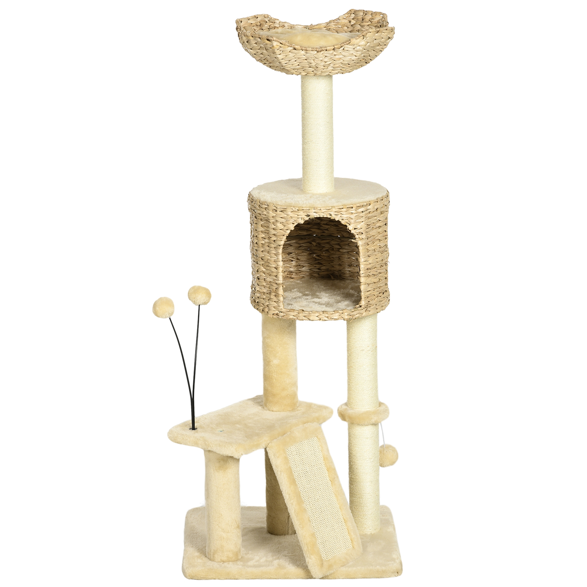 PawHut Sisal Kratzbaum für große Katzen 45x40x116cm mit Kippschutz Katzenhöhle Liegeplattform Spielball Plüsch Beige für bis zu 20 kg Aosom.de