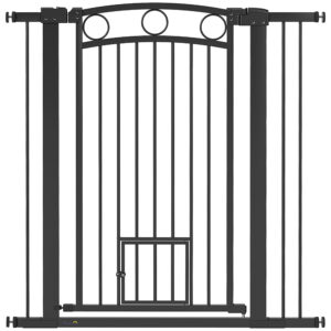 PawHut Türschutzgitter Hund, 76-104 cm Absperrgitter ohne Bohren, Treppengitter aus Stahl, Treppenschutzgitter mit Katzentür, Schutzgitter, Sicherheitsgitter für Treppen, Tür, Flur, Schwarz Aosom