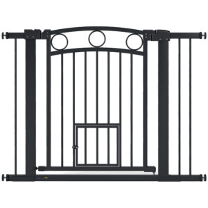 PawHut Türschutzgitter für Hunde, 76-104 x 77 cm Treppengitter ohne Bohren, schließbar Treppenschutzgitter mit bidirektionaler Katzentür, Ein-Hand-Öffnung, für alle großen Hunde, Stahl, Schwarz Aosom