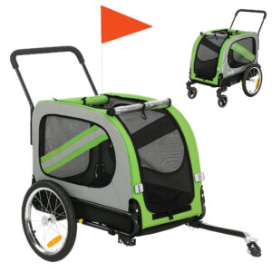 PawHut 2-in-1 Fahrradanhänger für Hunde, faltbarer Hundebuggy für mittelgroße Hunde und Katzen mit Sicherheitsgurt, Flagge und Reflektoren, Tragfähigkeit 20 kg, 134x62x101 cm, Grün Aosom
